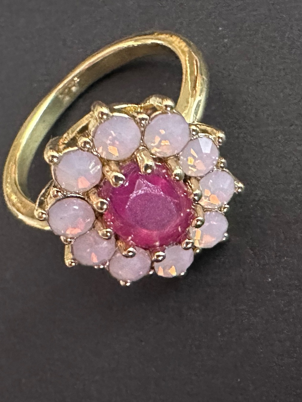 Gold Flower Ring with Pink Center and Pink Moon Stone Halo sz7
